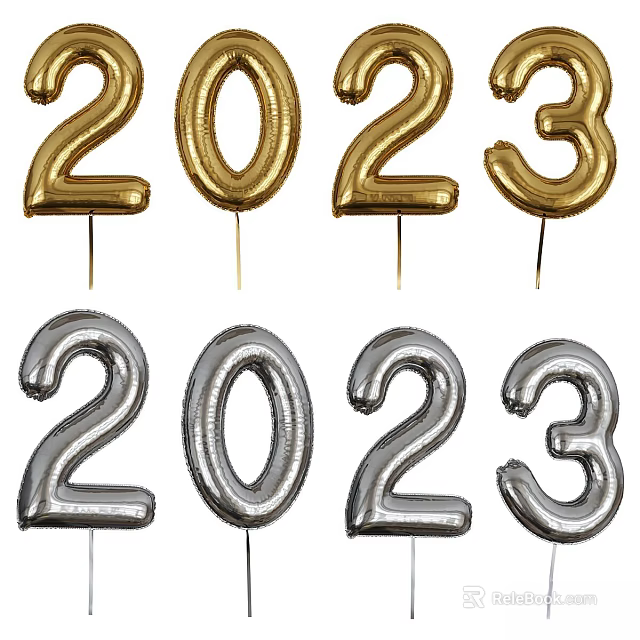 Metallic Gold And Silver 2023 Number Balloons For Festive Decorations 3d model 