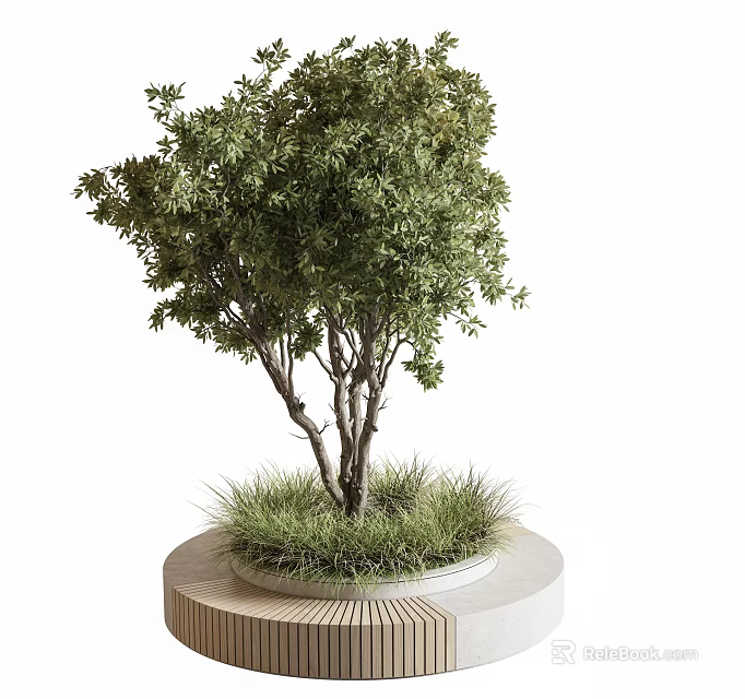 Outdoor Landscape Seat With Circular Wooden Concrete Base And Green Tree Grass Design 3d model 