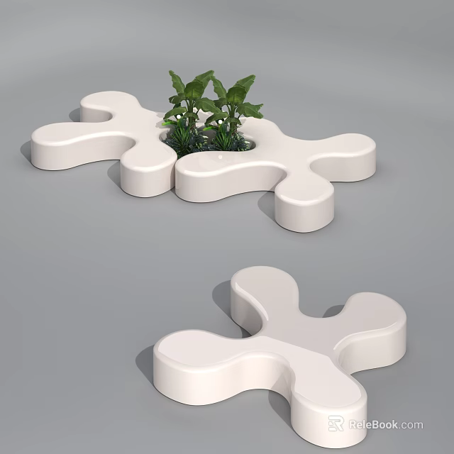 White Puzzle Shaped Decorative Objects With Green Plants In The Center 3d model