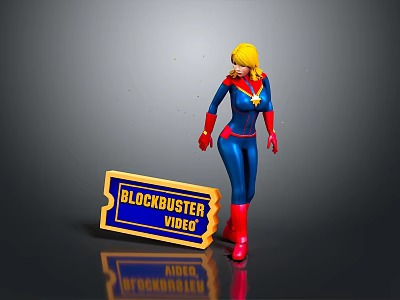 Superhero Figure Standing Next to Blockbuster Video Sign in Blue Costume 3d model