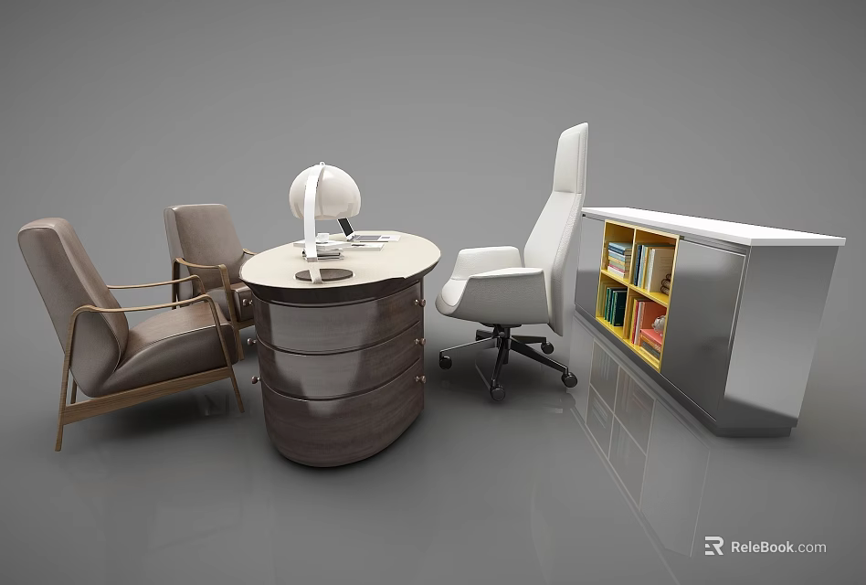 Round Modern Office Desk With Ergonomic Chair Accent Chair And Wooden Bookshelf With Books 3d model 
