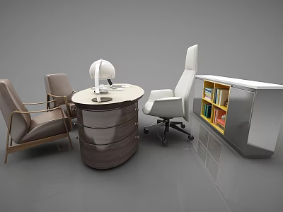 Round Modern Office Desk With Ergonomic Chair Accent Chair And Wooden Bookshelf With Books 3d model