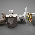Round Modern Office Desk With Ergonomic Chair Accent Chair And Wooden Bookshelf With Books