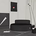 Single Black Leather Sofa Interior With Dog Figurine Floor Lamp and Wall Art