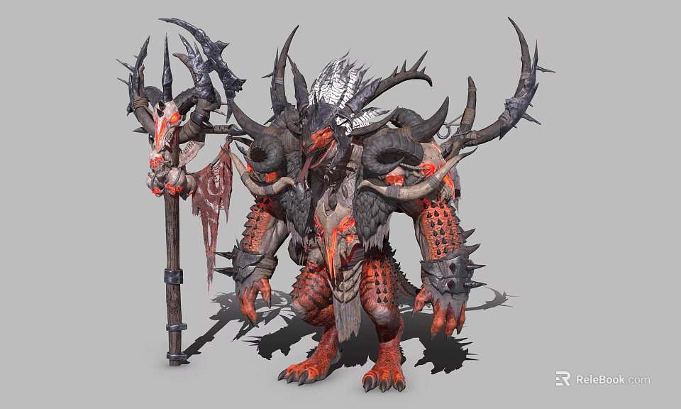 Fantasy Game Character With Horns Spiked Armor And Giant Axe 3d model 