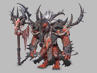 Fantasy Game Character With Horns Spiked Armor And Giant Axe 3d model