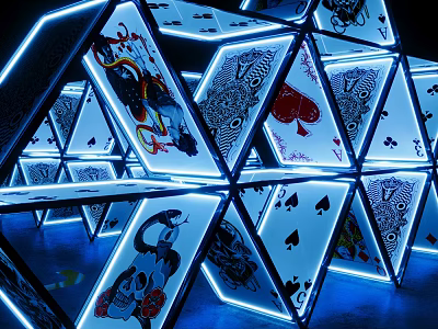 Vibrant Neon Illuminated Playing Card 3D Sculpture With Geometric Art Design 3d model