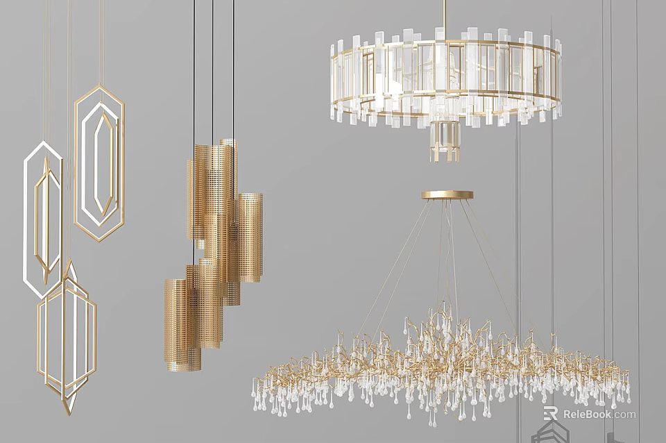 Various Modern Chandeliers With Golden Frames Crystal Decor And Geometric Designs 3d model