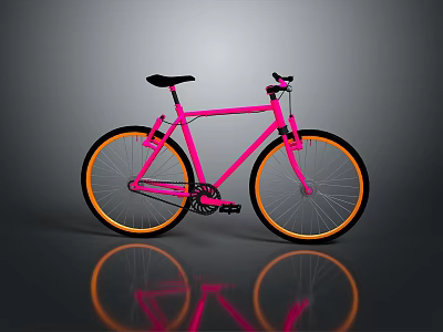 Modern Stylish Pink Bicycle With Black Seat And Orange Rims On Reflective Surface 3d model