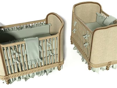 Classic Wooden Baby Crib With Fabric Fringe Trim And Light Gray Mattress 3d model