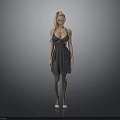 Blonde Woman Wearing Gray Dress Necklace Stockings And White Shoes Against Gray Background