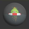 Green Cartoon Game Movie Character With Smiling Face Red White Lifebuoy Tentacles In Transparent Sphere