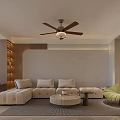 Modern Living Dining Room Interior With Ceiling Fan TV Wall Wine Racks Round Coffee Table