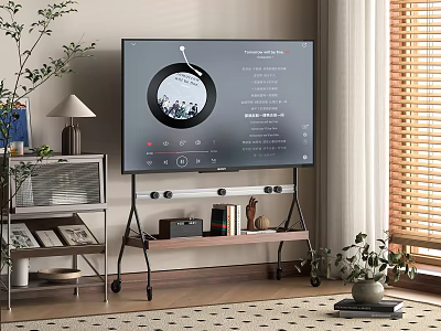 Modern TV on Rolling Stand with Books Decor Plants and Window Blinds Showing Music Interface 3d model