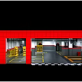 Automotive Store Interior With Yellow Shelves Gray Floor Yellow Parking Lines And Black Ceiling