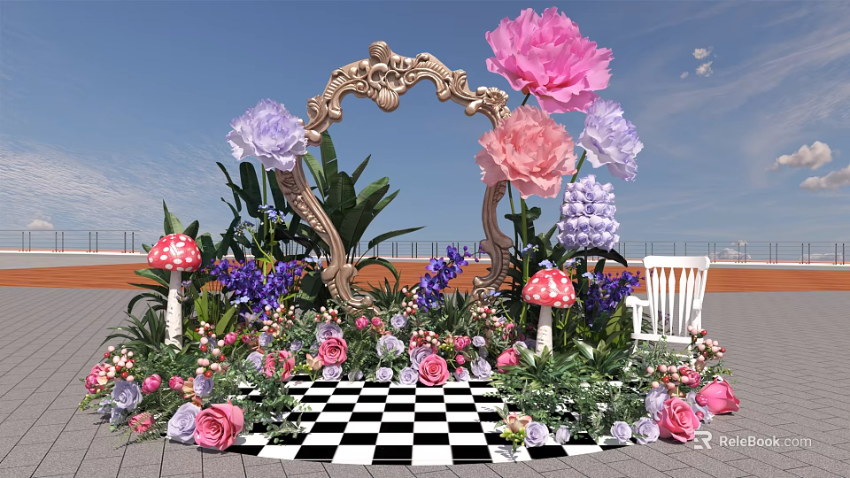 Stunning Photo Check in Spot With Golden Frame Large Flowers Mushroom Decorations And Greenery 3d model 