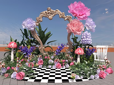 Stunning Photo Check in Spot With Golden Frame Large Flowers Mushroom Decorations And Greenery 3d model