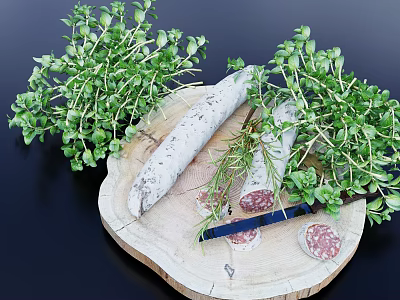 Fresh Sliced Sausage with Thyme and Rosemary on Wooden Cutting Board 3d model