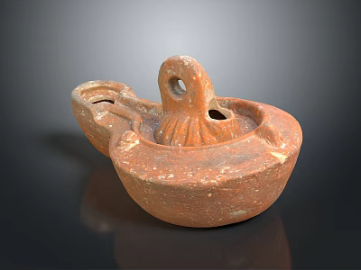Ancient Hand Carved Terracotta Sculpture with Loop Handle and Textured Surface 3d model