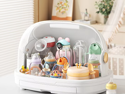 White Baby Gear Organizer With Bottles Cups Toys And Feeding Items 3d model