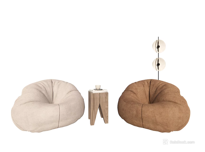 Comfortable Beige And Brown Bean Bag Chairs With Small Wooden Table And Floor Lamp 3d model 