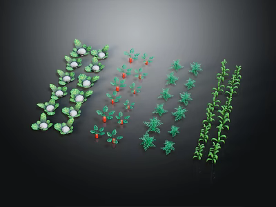 Cartoon Scenes Featuring Various Green Plants With White And Red Decorations 3d model