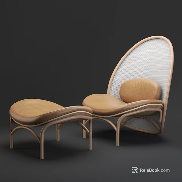 Stylish Lounge Chair with Ottoman Curved Wooden Frame Tan Leather Cushion Design 3d model 