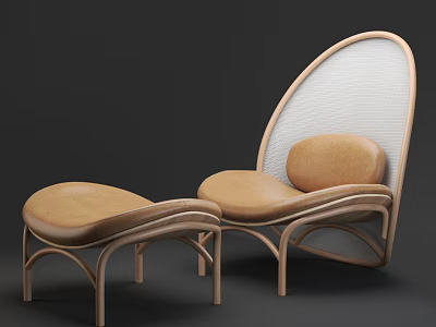 Stylish Lounge Chair with Ottoman Curved Wooden Frame Tan Leather Cushion Design 3d model