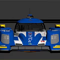 Blue and White Race Car with Yellow Accents Number 169 Streamlined Design and Reflection