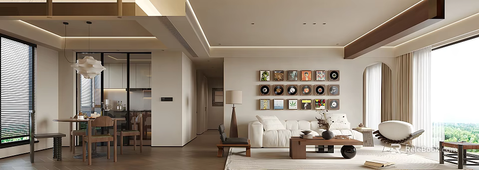 Modern Dining and Living Room Interior with White Sofa Wooden Coffee Table and Wall Decor 3d model 