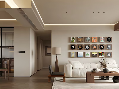 Modern Dining and Living Room Interior with White Sofa Wooden Coffee Table and Wall Decor 3d model
