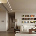 Modern Dining and Living Room Interior with White Sofa Wooden Coffee Table and Wall Decor