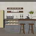 Modern Style Bar Counter With Coffee Machines Wooden Shelves Cups And Green Plants Stools