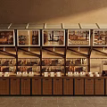 Multi Tiered Wooden Display Shelves With Glass Fronted Cabinets And Open Racks For Food Items