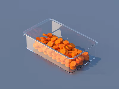 Clear Plastic Storage Container Filled with Orange Pills for Home Use 3d model