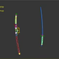 Traditional Samurai Swords With Sheathed Blue Decoration Golden Fittings And Unsheathed Slender Blade