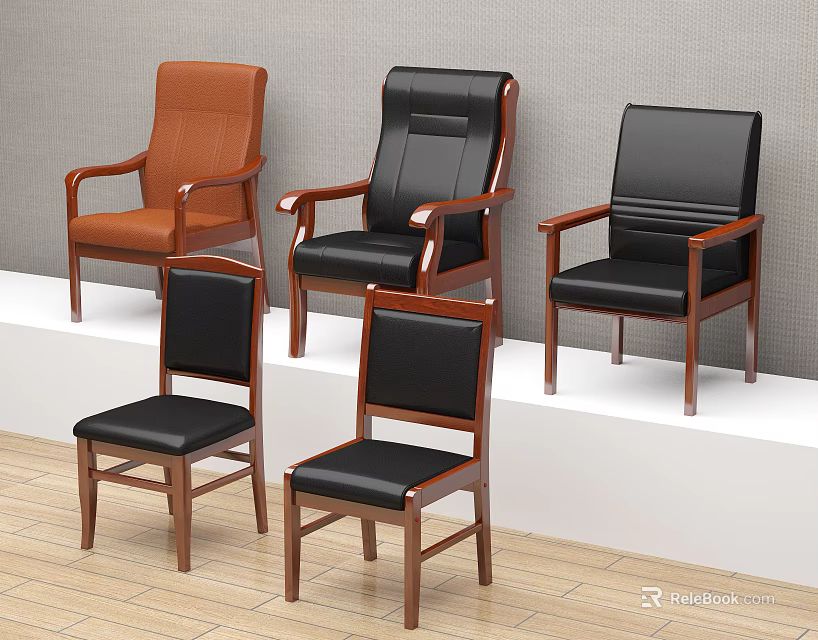 Brown And Black Leather Office Chairs With Wooden Legs And Armrests 3d model 