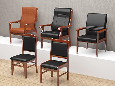 Brown And Black Leather Office Chairs With Wooden Legs And Armrests 3d model
