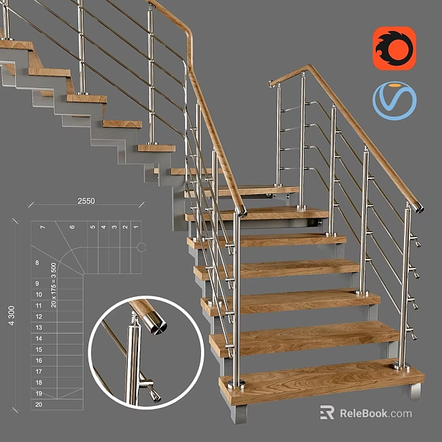 Modern Staircase Design With Wooden Steps Metal Railings And Stainless Steel Handrails 3d model 