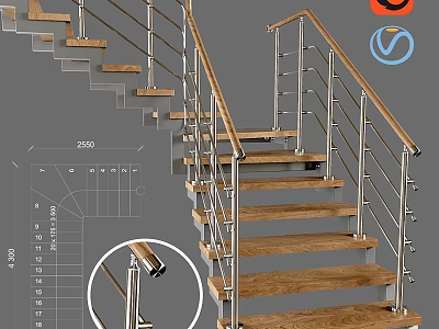 Modern Staircase Design With Wooden Steps Metal Railings And Stainless Steel Handrails 3d model