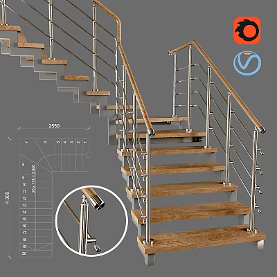 Modern Staircase Design With Wooden Steps Metal Railings And Stainless Steel Handrails 3d model