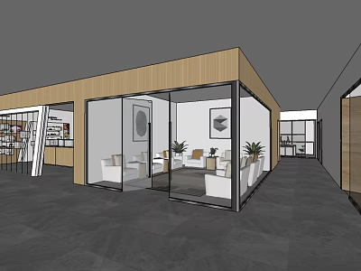 Hotel Public Lounge Interior With Glass Walls Wooden Accents White Sofas And Green Plants 3d model
