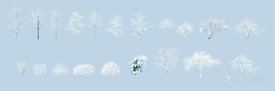 Beautiful Snow Covered Arbor Trees In Various Forms On Light Blue Background 3d model