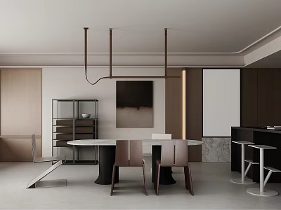 Modern Restaurant Interior Design With Round Dining Table Brown Chairs And Pendant Lights 3d model