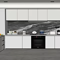 Modern Kitchen Interior Design With White Cabinets Black Appliances And Marble Backsplash 3d model