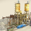 Industrial Factory With Rusty Concrete Silos Crane Gravel Trucks And Equipment