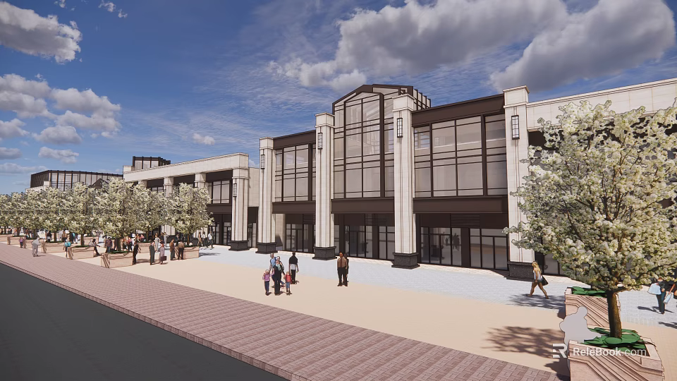 Modern Commercial Street With Classical Columns Large Windows And Pedestrians Walking 3d model 