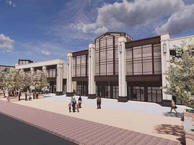 Modern Commercial Street With Classical Columns Large Windows And Pedestrians Walking 3d model