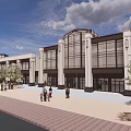 Modern Commercial Street With Classical Columns Large Windows And Pedestrians Walking