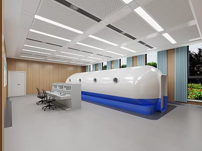 Medical Hyperbaric Chamber Room With Control Console Chairs And Wooden Walls 3d model